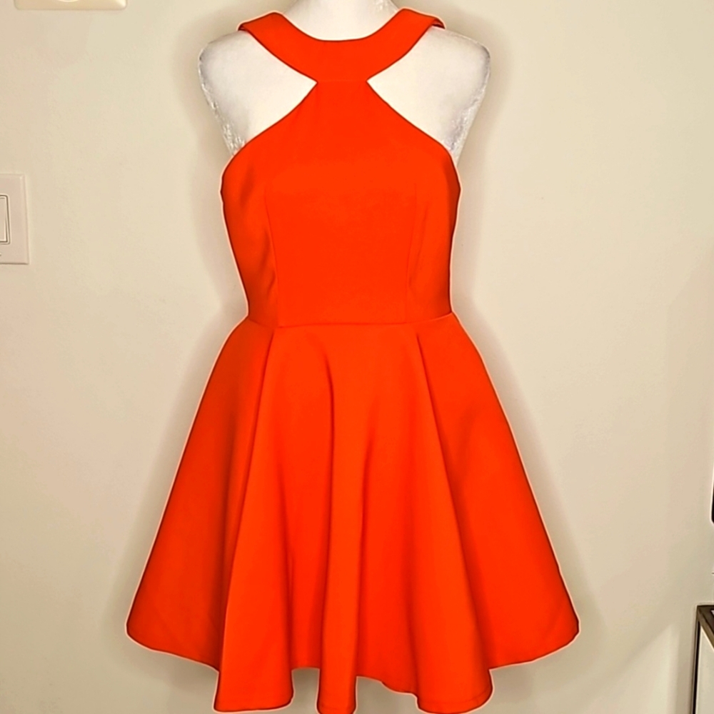 New red halter structured dress